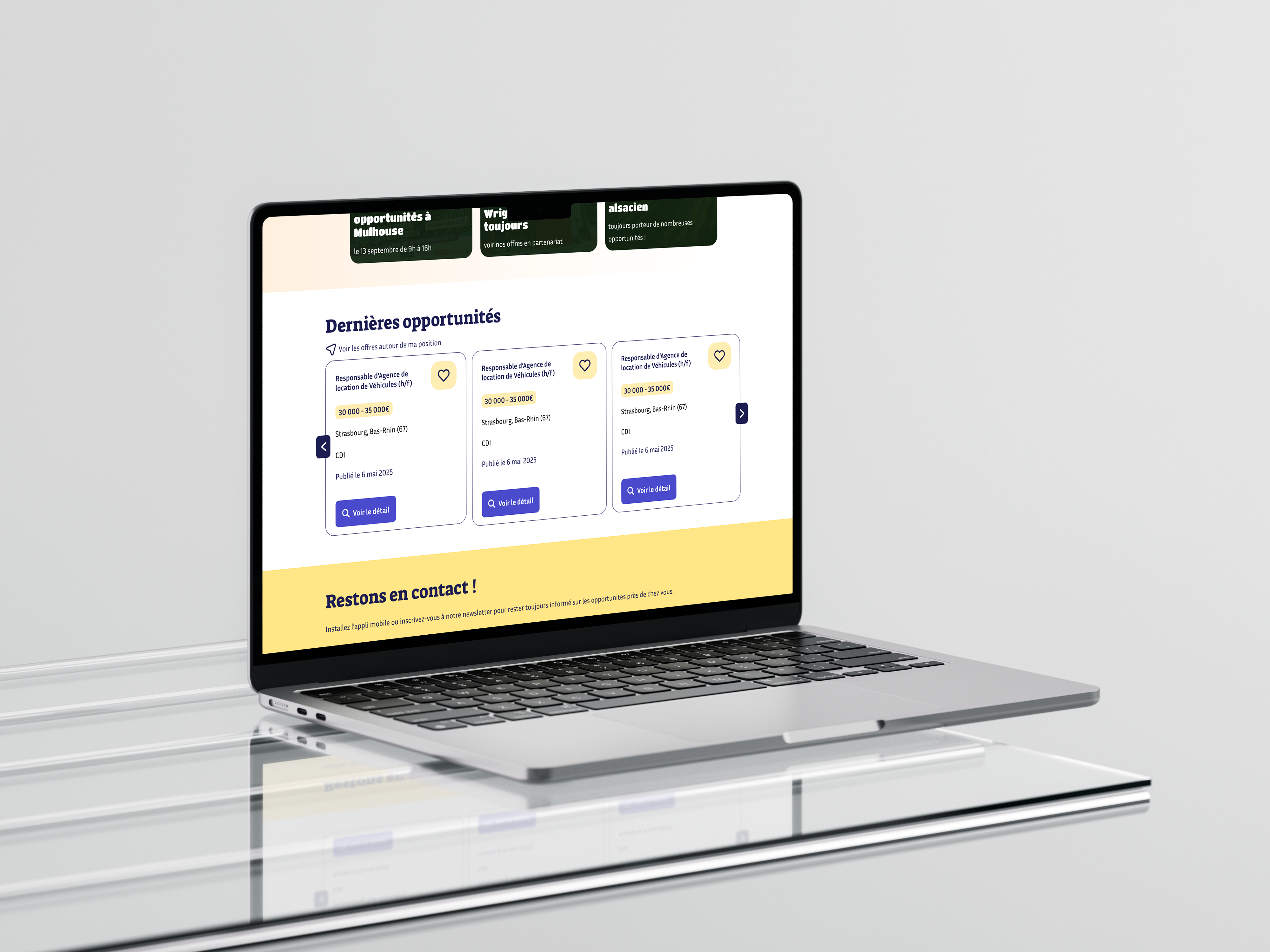  The landing page of Proxima RH, a fictive job agency in France created by Laura Bacher, UI/UX graphic designer.
                     webdesigner project manager. The image shows a laptop opened on the agency page, with a lottie style illustration
                     and a search bar.